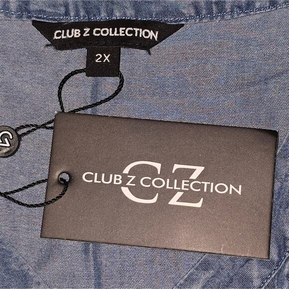 Club Z Collection Blue Chambray V Neck Pintuck Button Front Tunic Top Plus Sz 2X - Picture 7 of 7